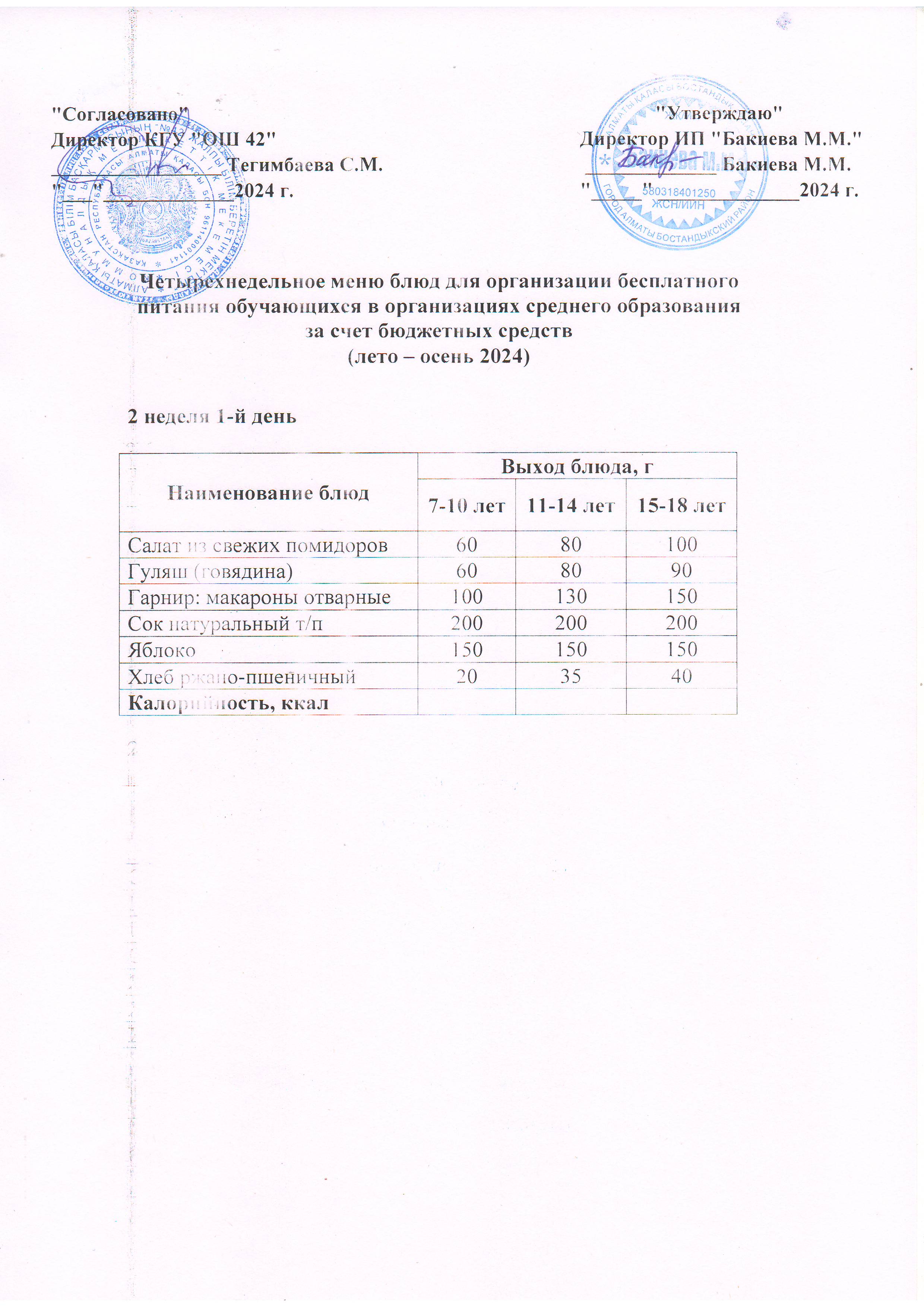 2 апта, 1 күннің ас мәзірі...