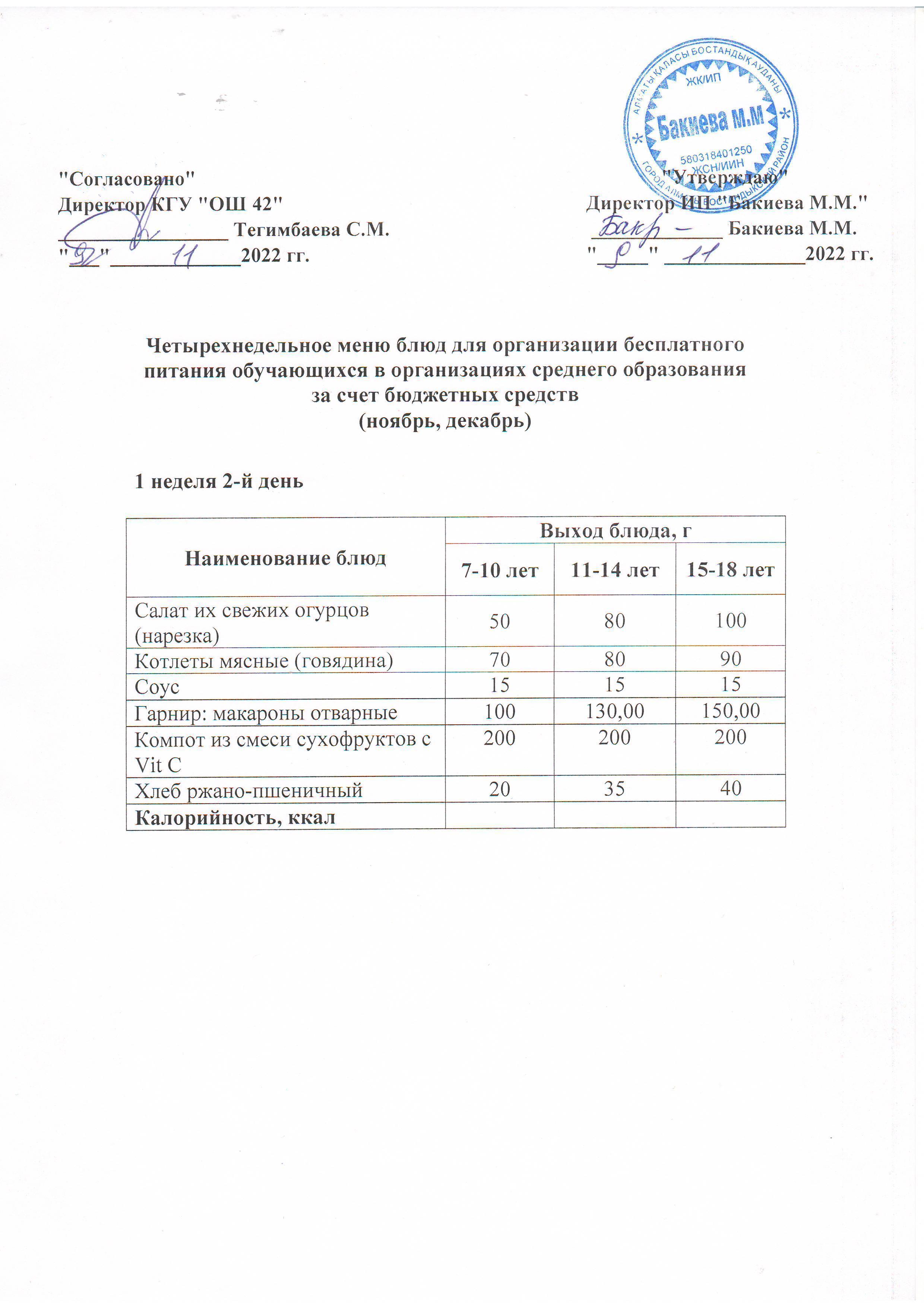 1 апта, 2 күннің ас мәзірі...