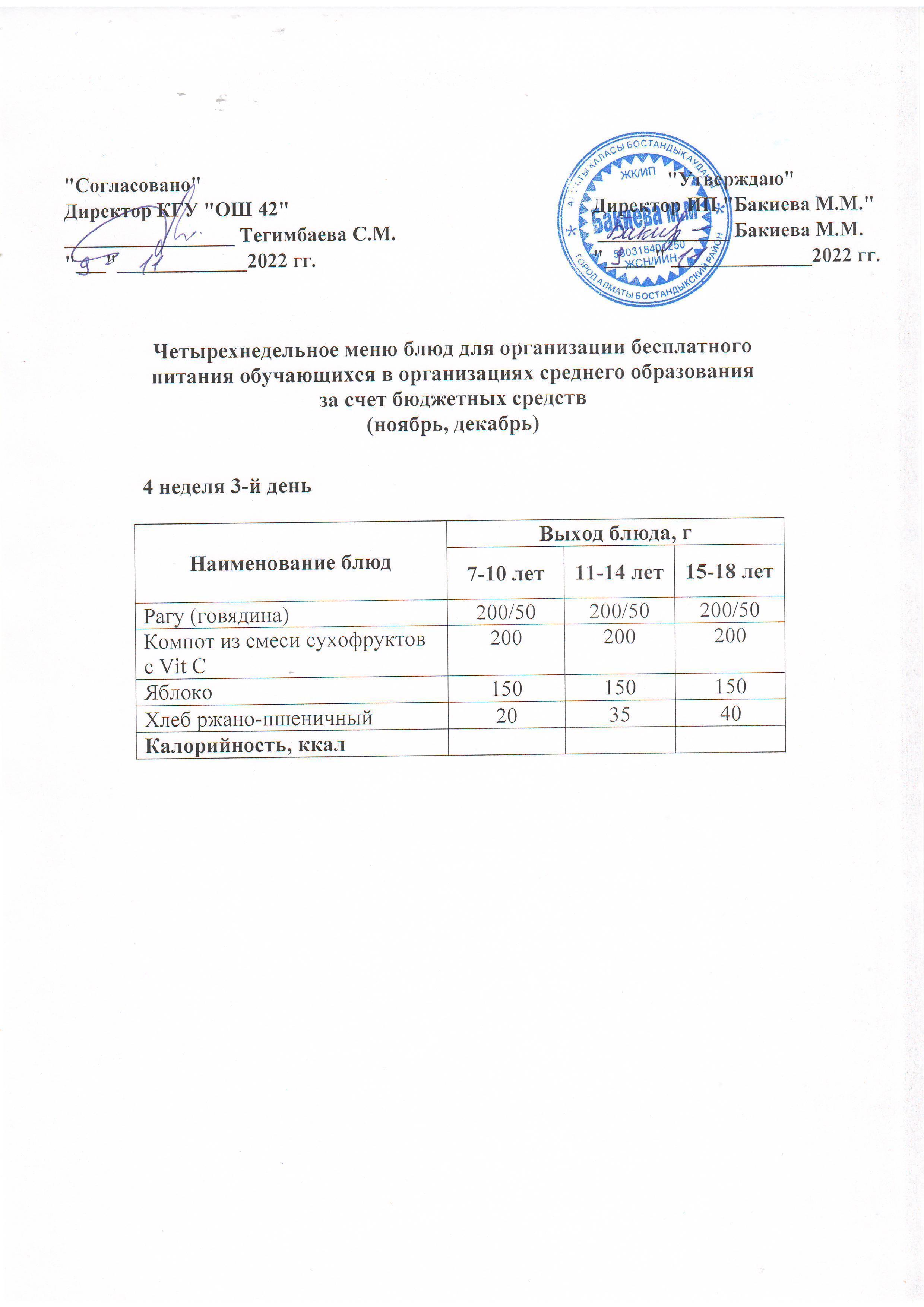 4 апта, 3 күннің ас мәзірі...