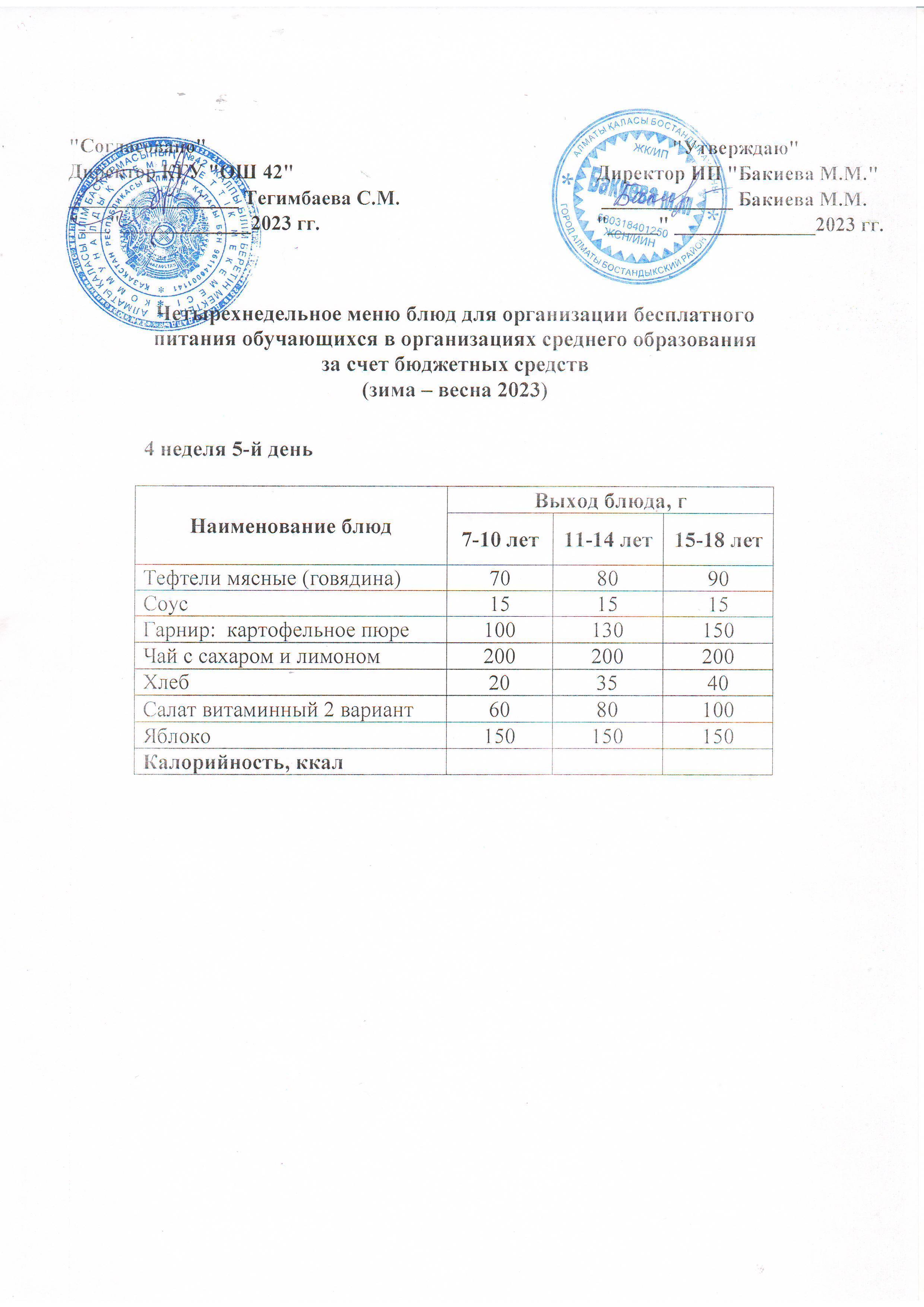4 апта, 5 күннің ас мәзірі...