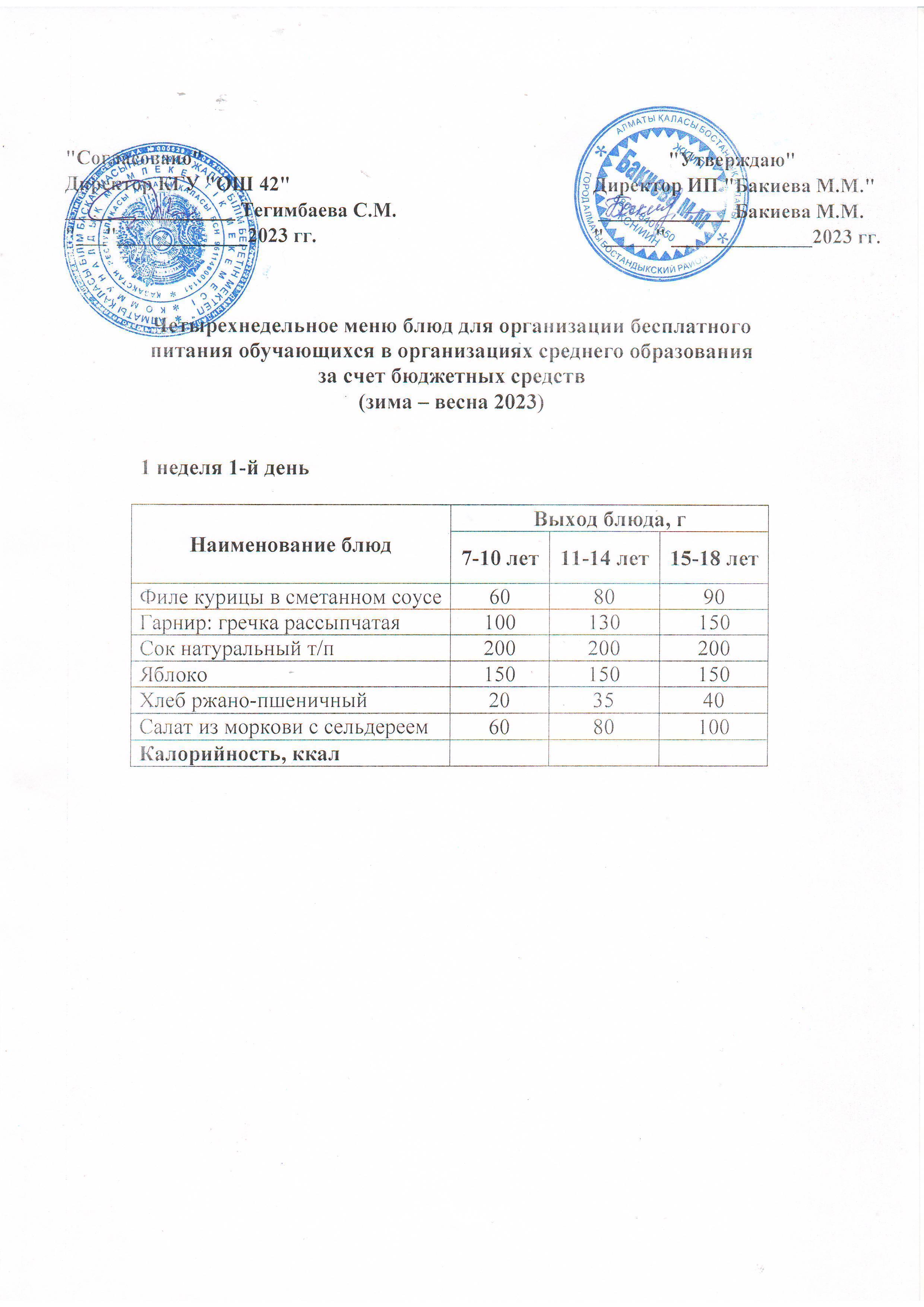 1 апта, 1 күннің ас мәзірі...