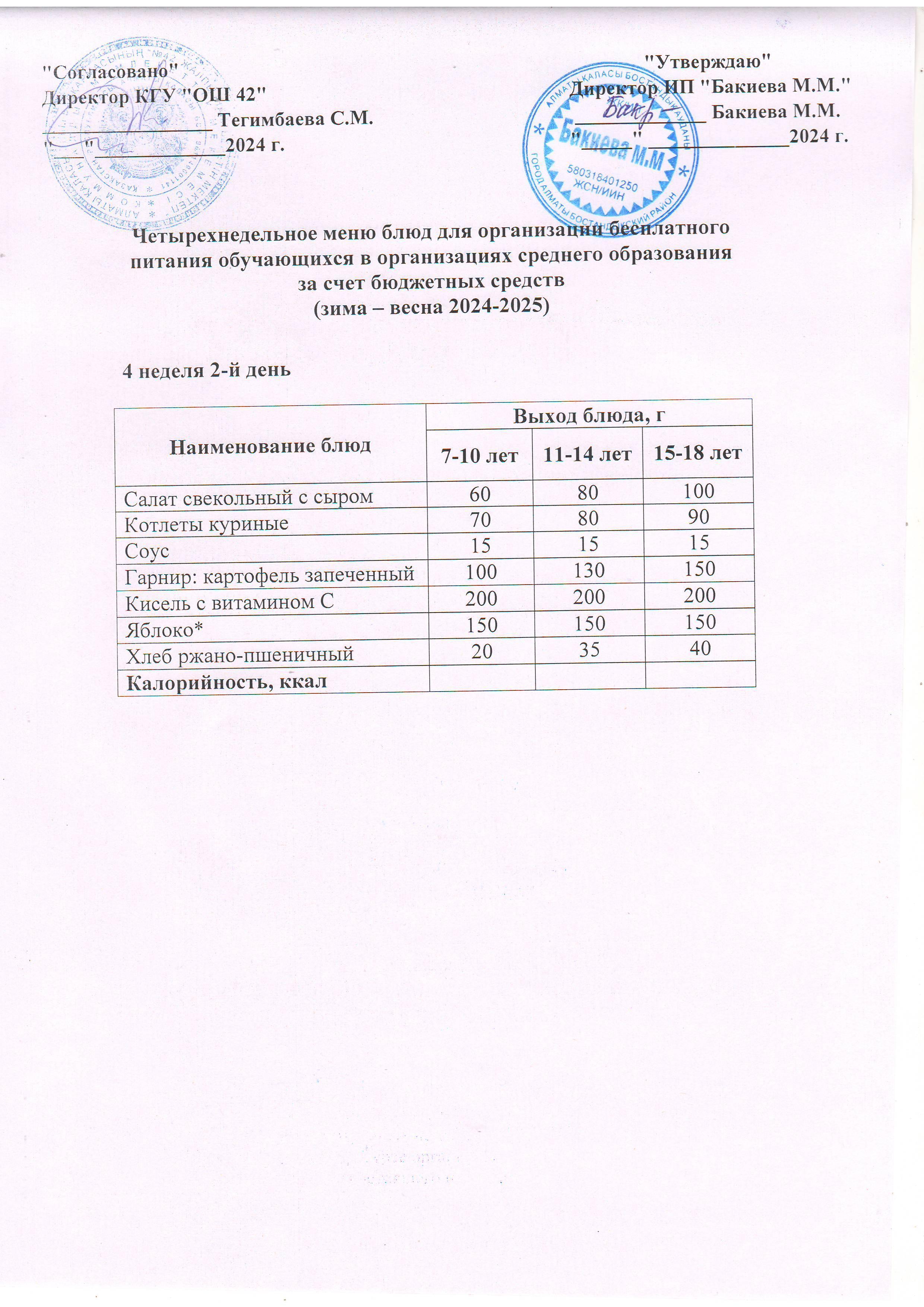 4 апта, 2 күннің ас мәзірі...