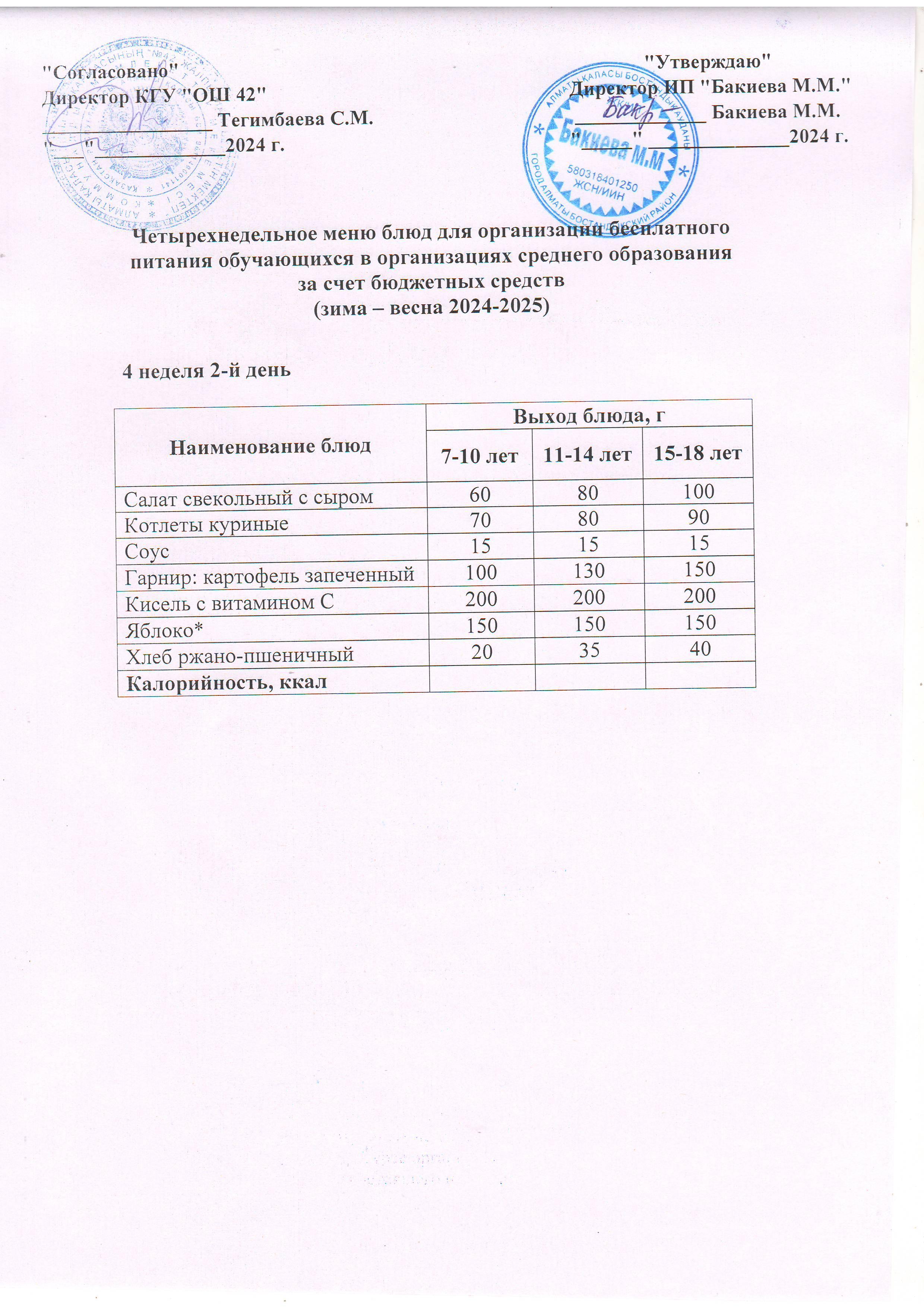 4 апта, 2 күннің ас мәзірі...