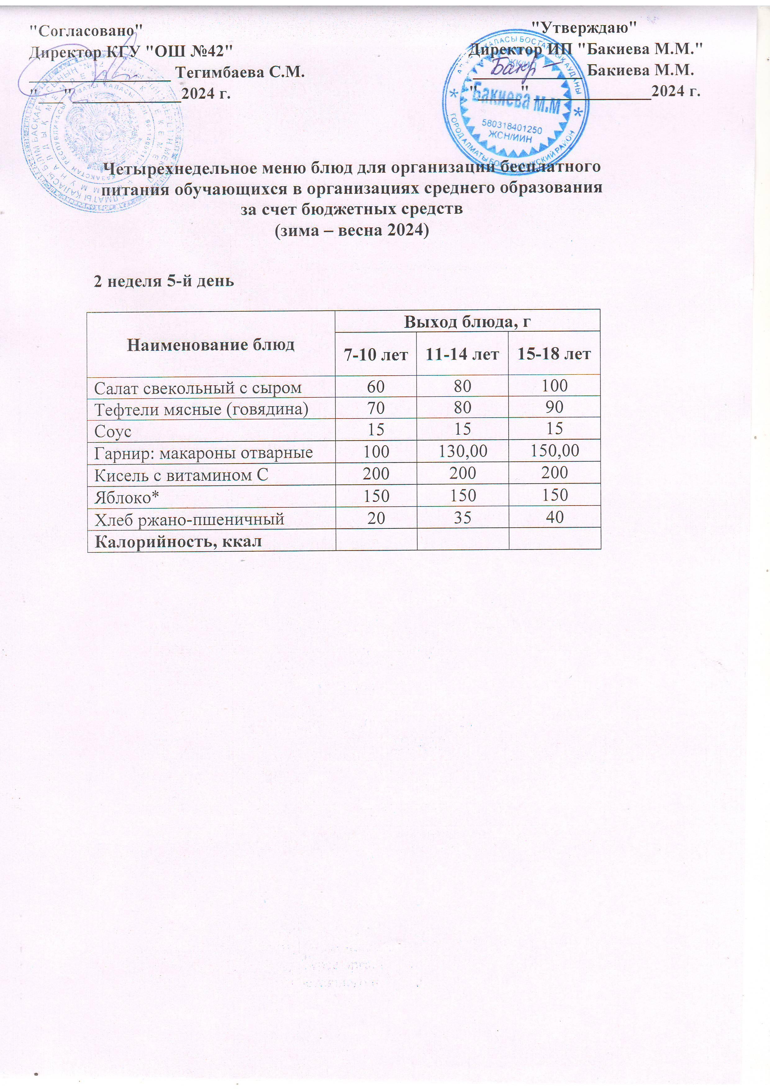2 апта, 5 күннің ас мәзірі...