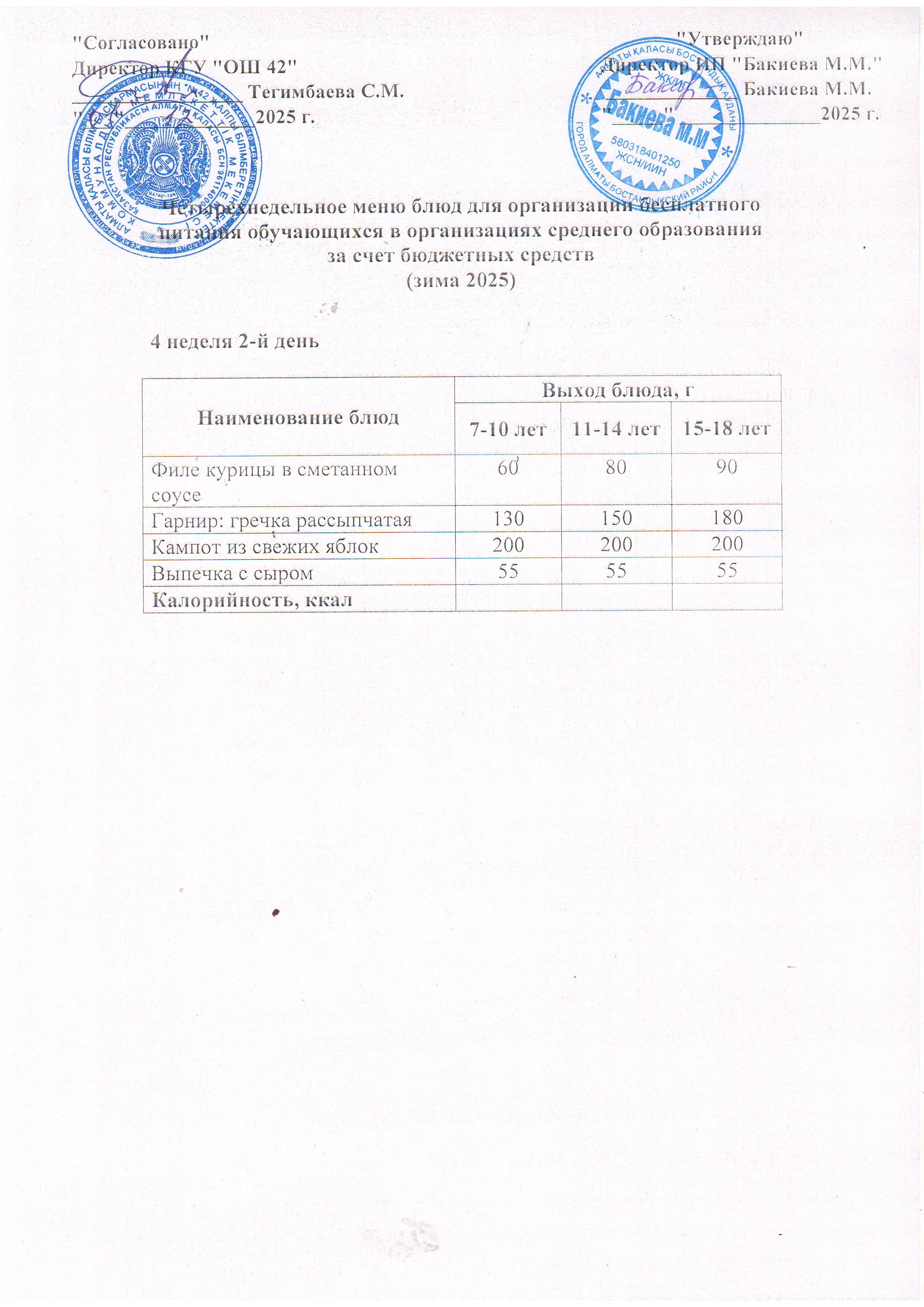 4 апта, 2 күннің ас мәзірі...