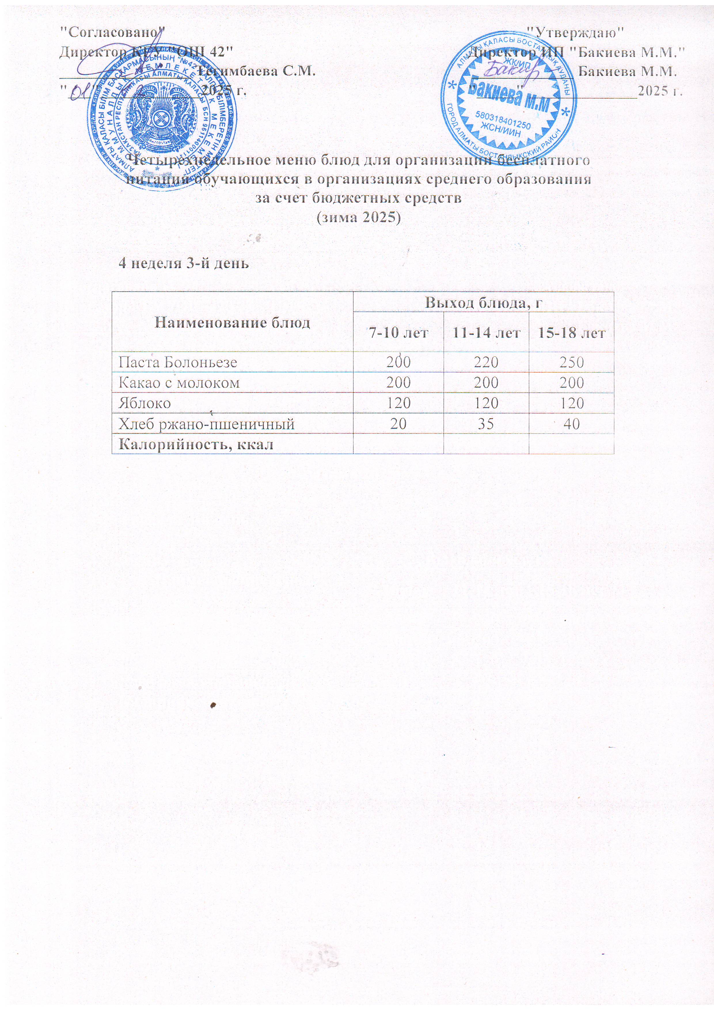 4 апта, 3  күннің ас мәзірі...