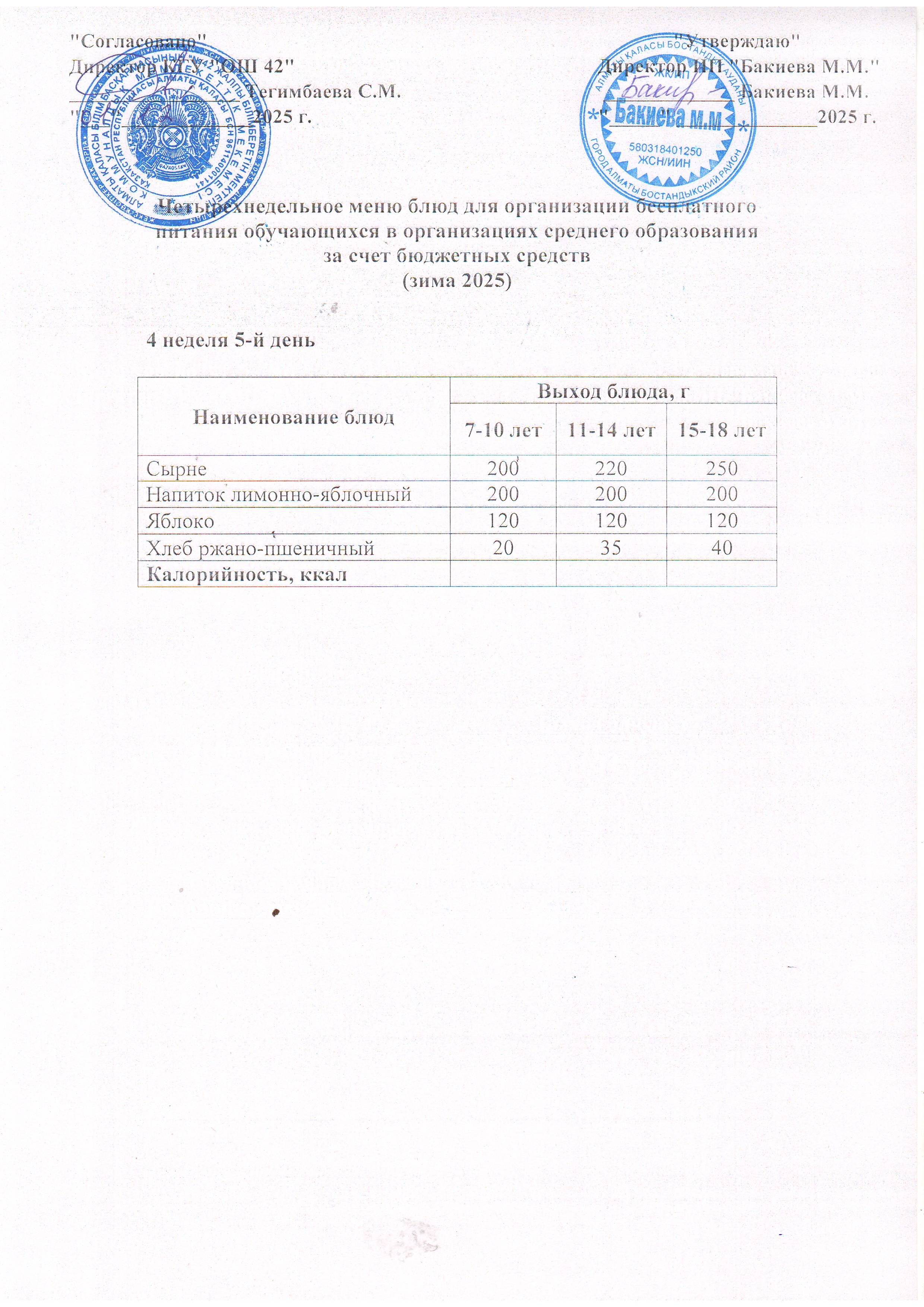 4 апта, 5  күннің ас мәзірі...