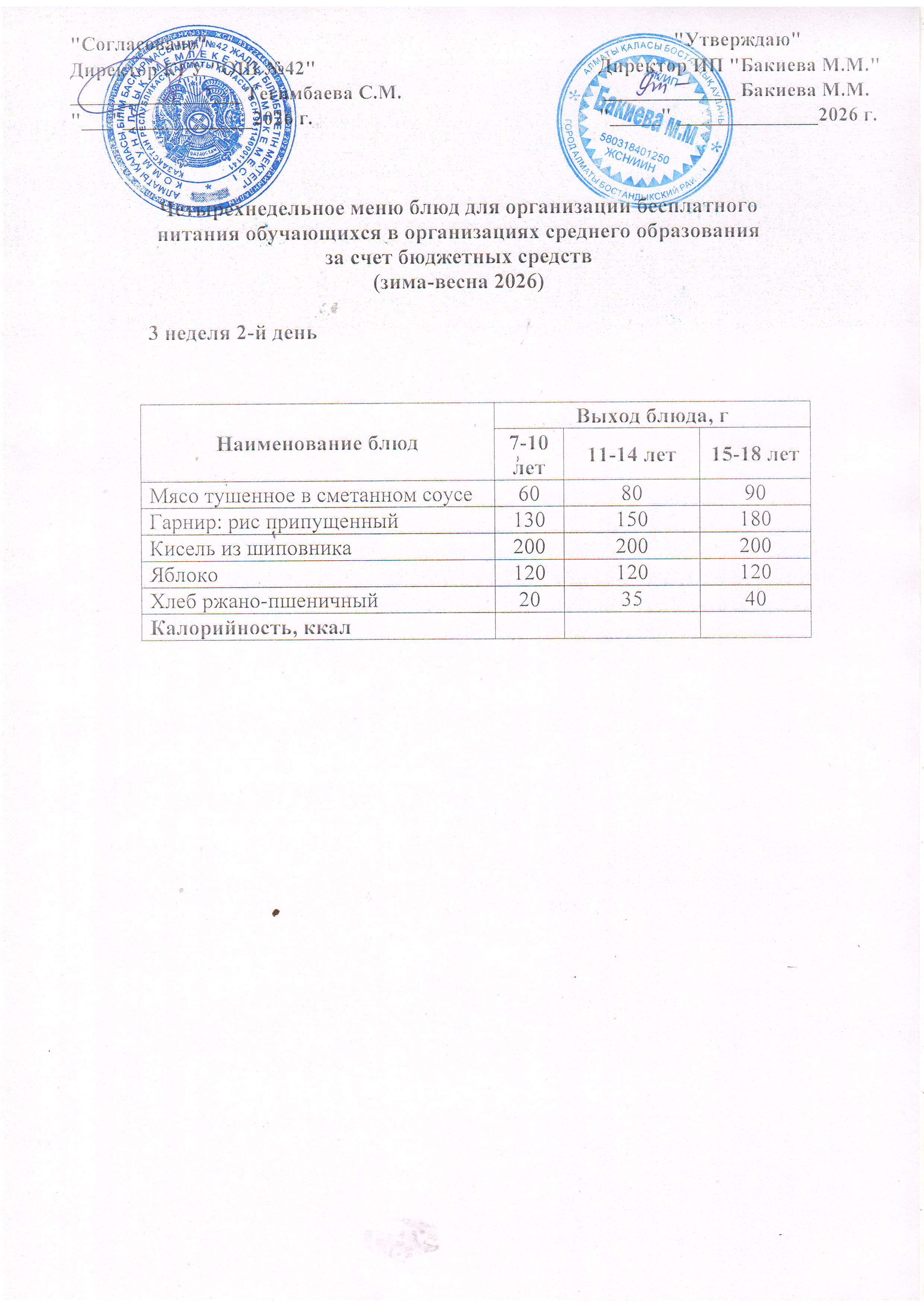 3 апта, 2 күннің ас мәзірі...