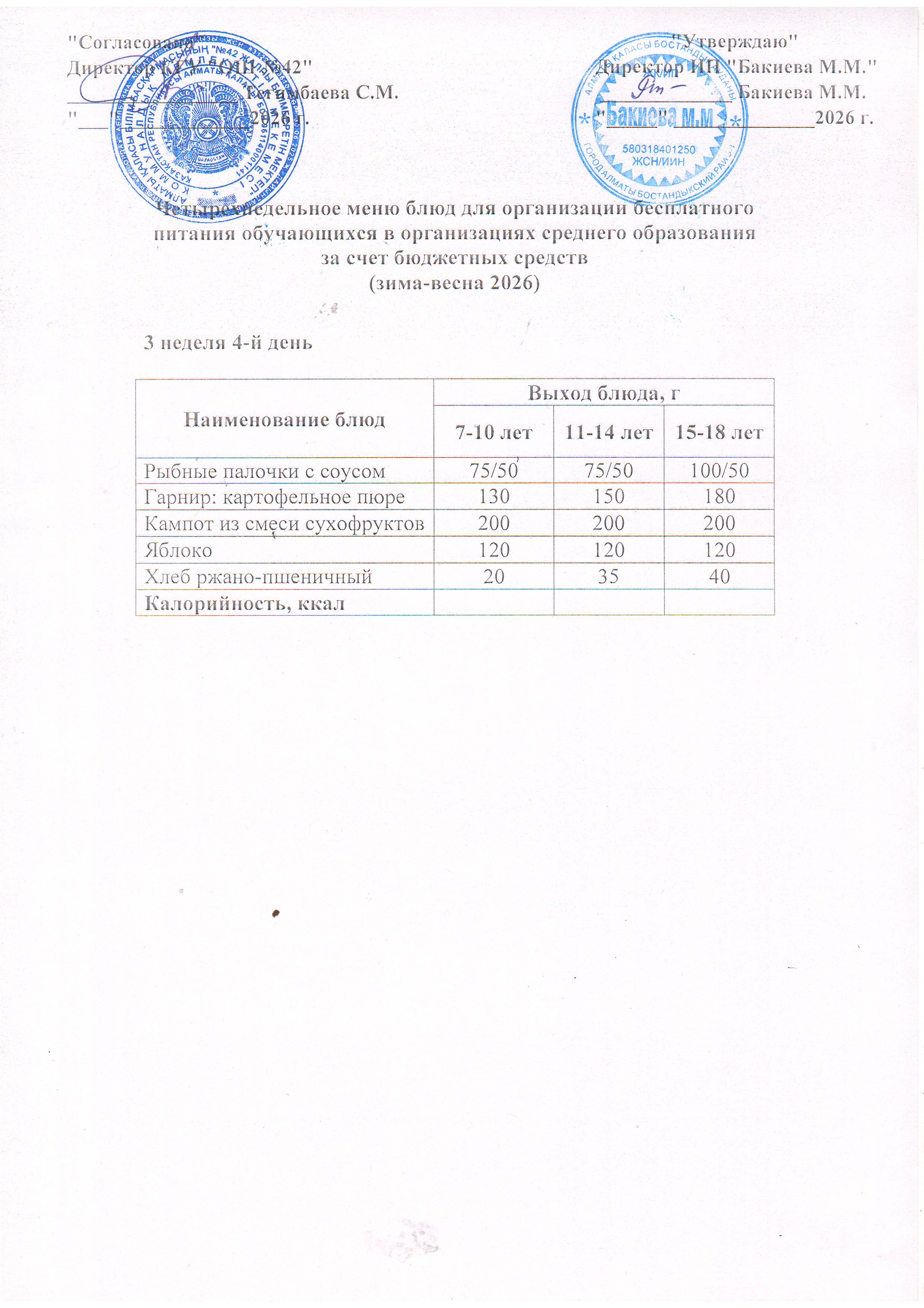 3 апта, 4 күннің ас мәзірі...