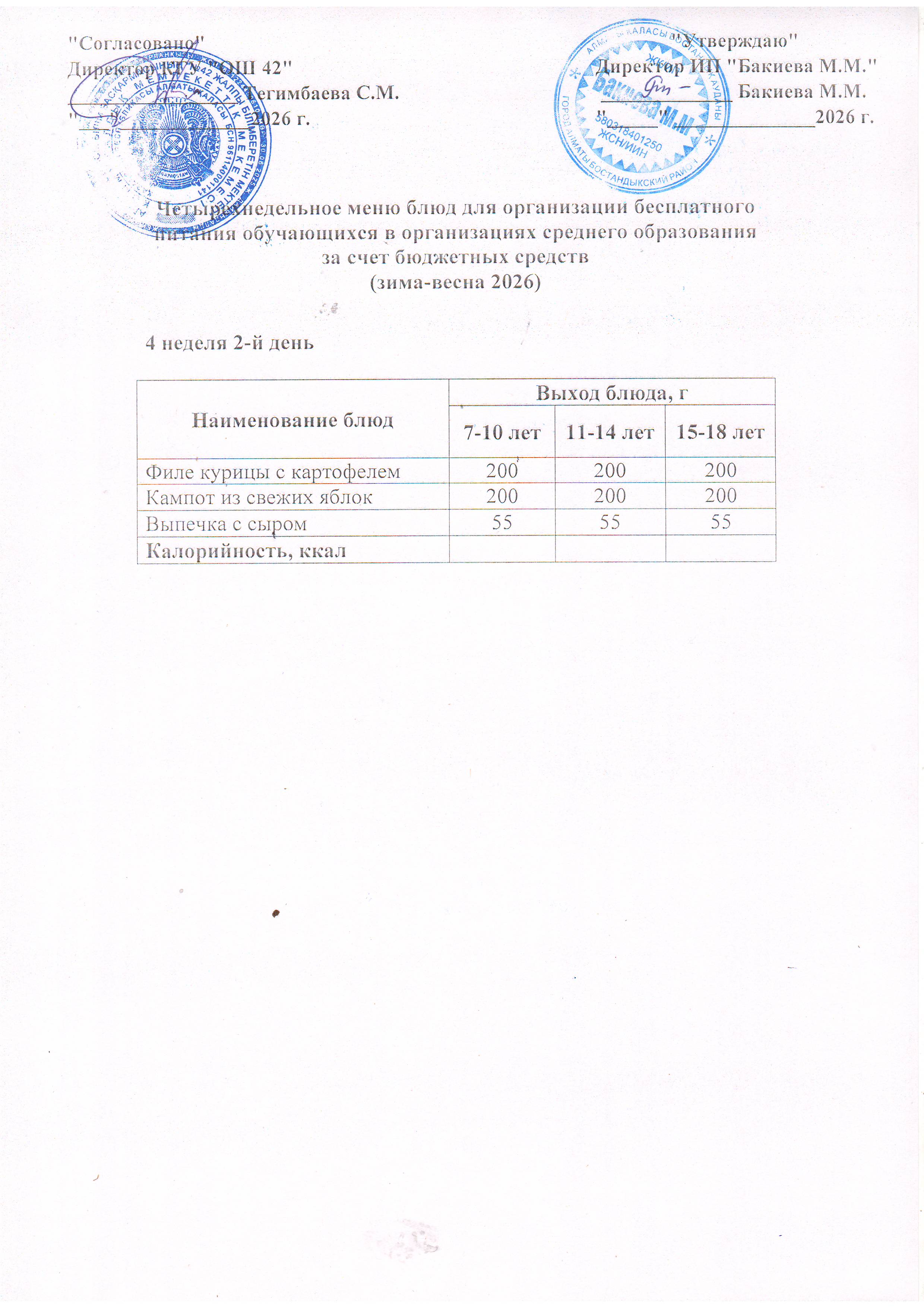 4 апта, 2  күннің ас мәзірі...