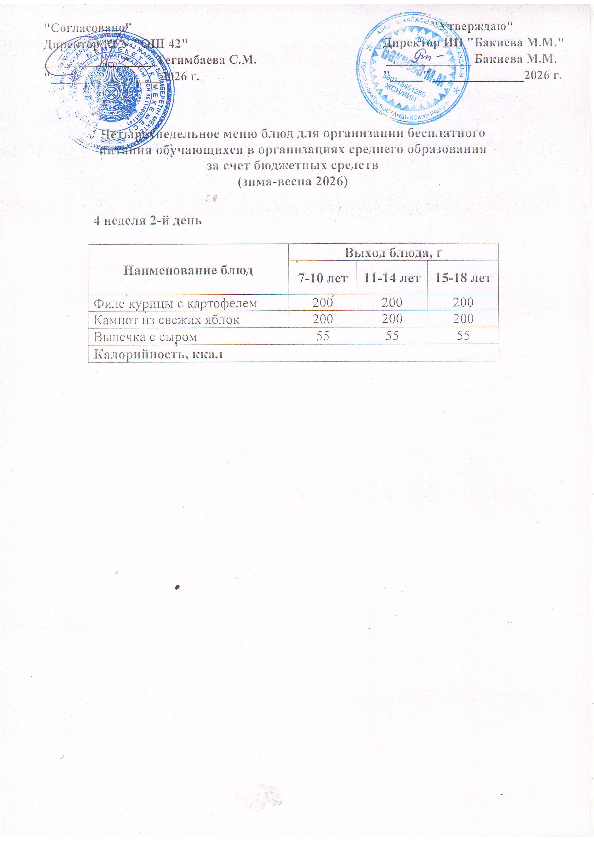4 апта, 2  күннің ас мәзірі...