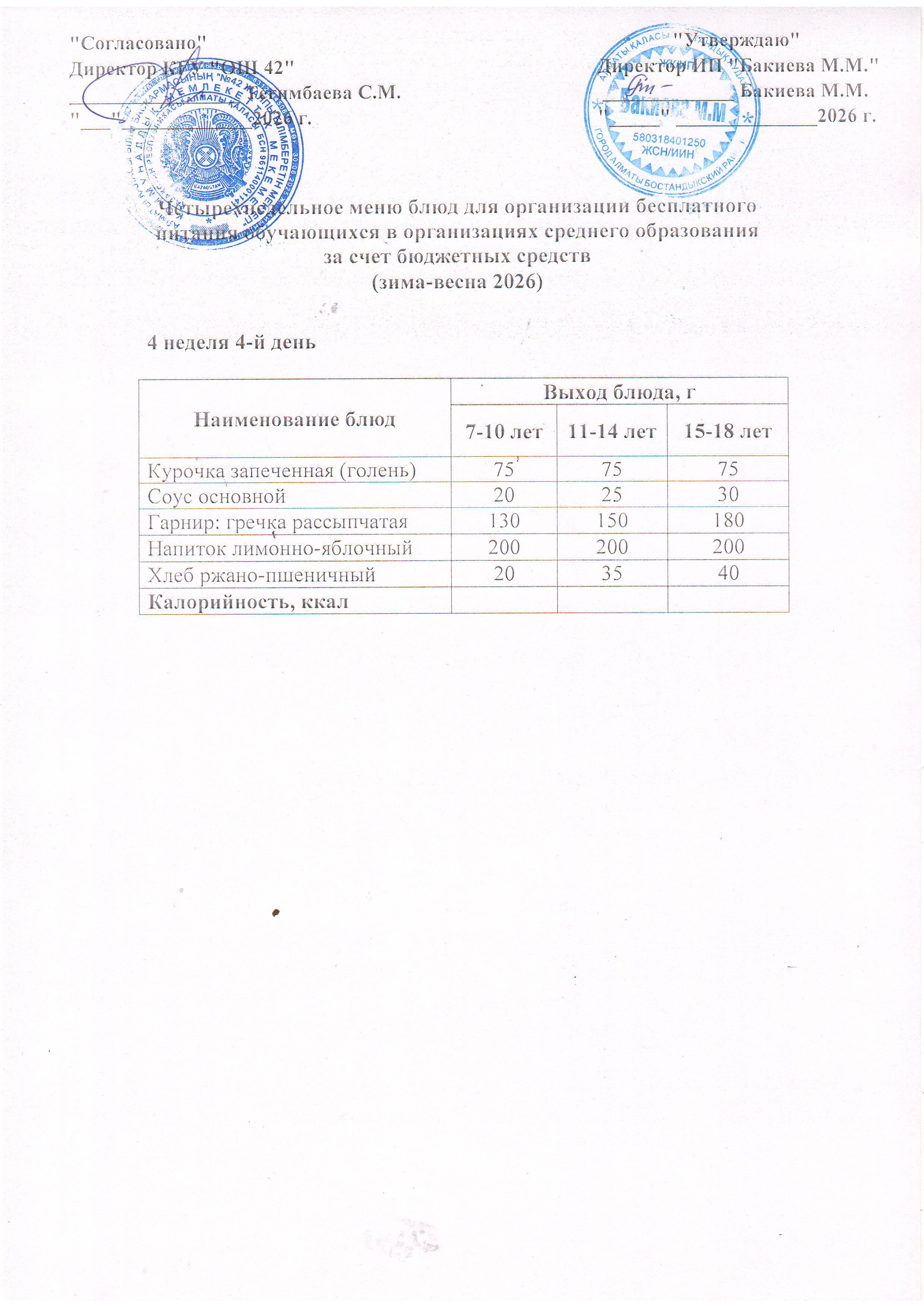 4 апта, 4  күннің ас мәзірі...