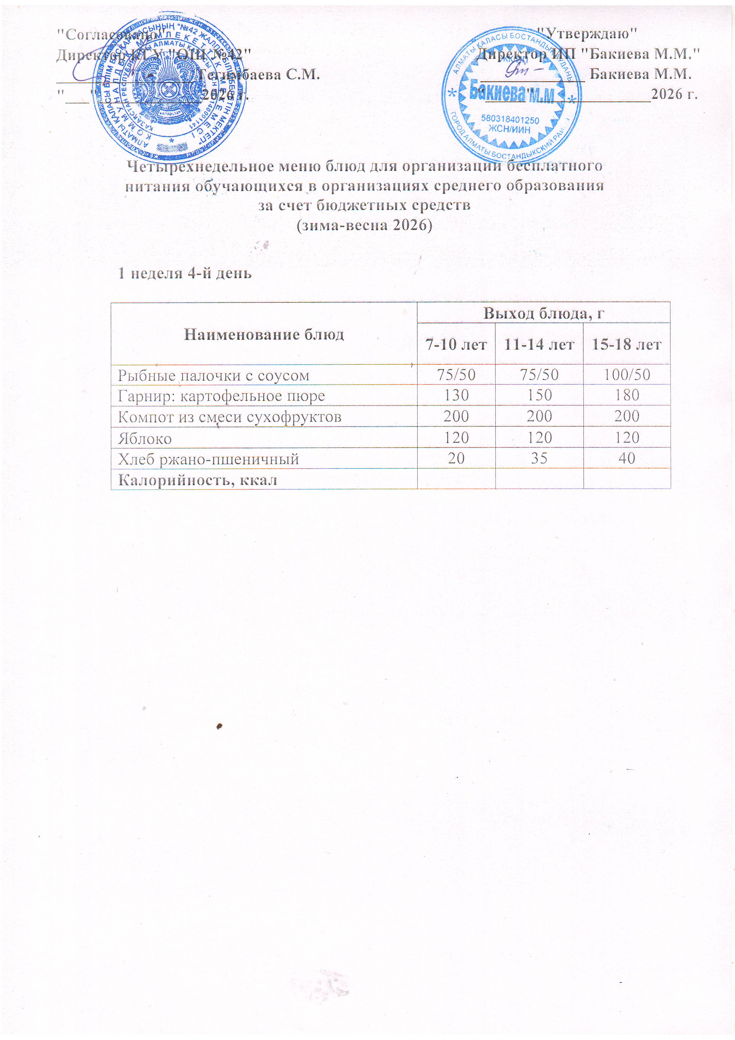 1 апта, 4  күннің ас мәзірі...