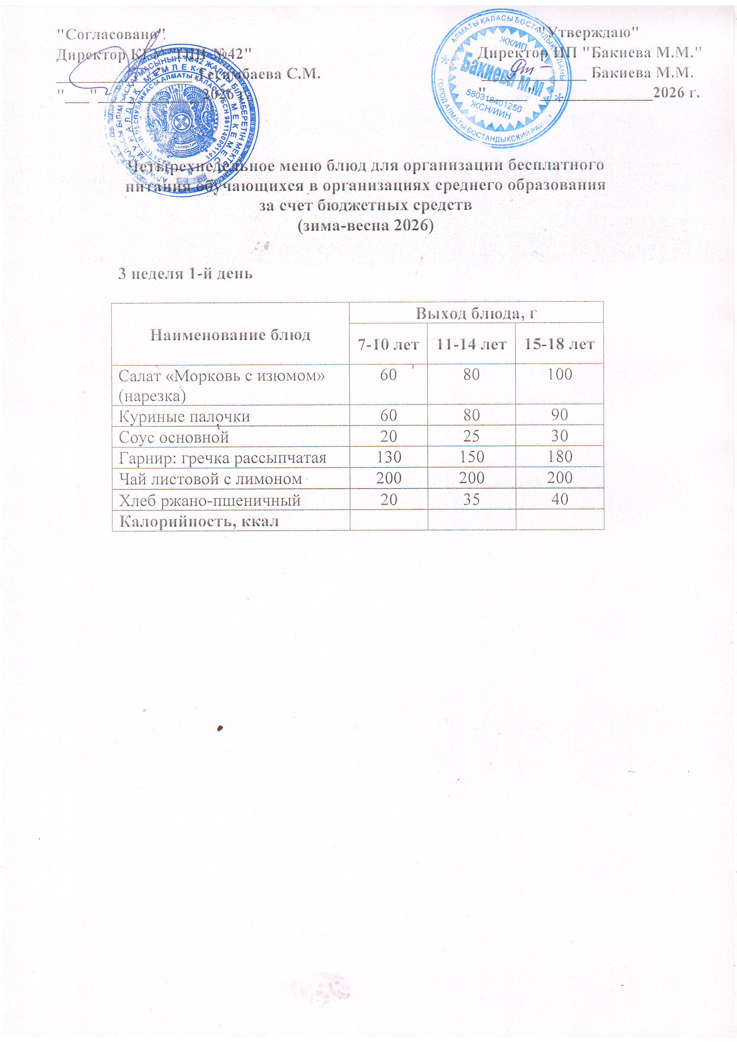 3 апта, 1  күннің ас мәзірі...